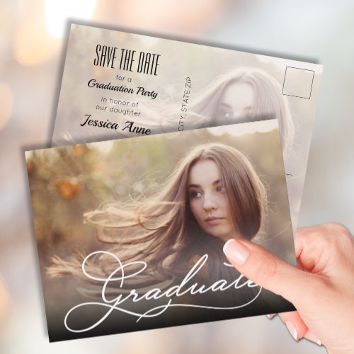 White Script GRADUATE Photo Save the Date Postcard