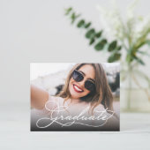 White Script GRADUATE Photo Save the Date Postcard (Standing Front)