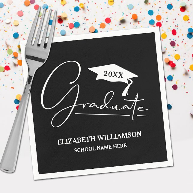 White Script Graduation Cap Black Napkins (Your name, class year and "Graduate" in a cool script on black school color party napkins)