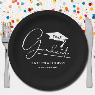 White Script Graduation Cap Black Paper Plates