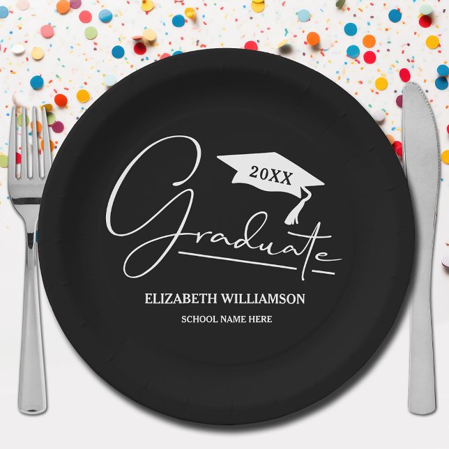 White Script Graduation Cap Black Paper Plates (Your name, class year and "Graduate" in a cool script on black school color paper plates)