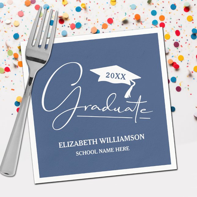 White Script Graduation Cap Blue Napkins (Your name, class year and "Graduate" in a cool script on blue school color party napkins)