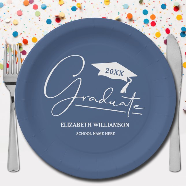 White Script Graduation Cap Blue Paper Plates (Your name, year, grad cap and "Graduate" in a cool script on blue school color paper plates)
