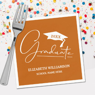 White Script Graduation Cap Burnt Orange Napkins