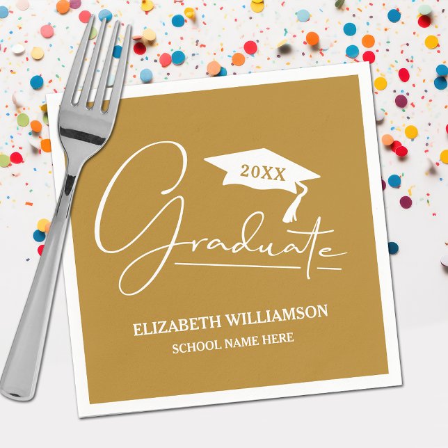 White Script Graduation Cap Gold Napkins (Your name, class year and "Graduate" in a cool script on gold school color party napkins)