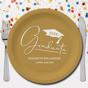 White Script Graduation Cap Gold Paper Plates