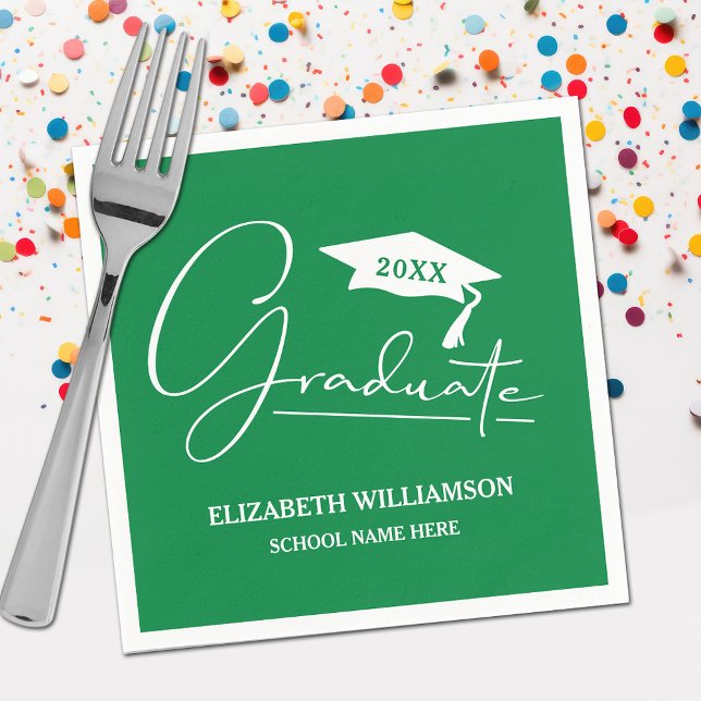 White Script Graduation Cap Green Napkins (Your name, class year and "Graduate" in a cool script on green school color party napkins)