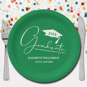 White Script Graduation Cap Green Paper Plates