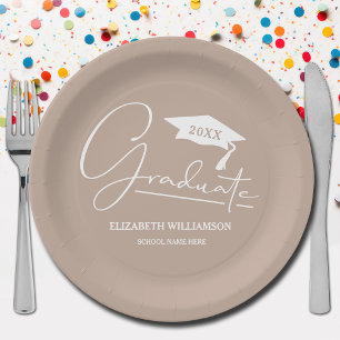 White Script Graduation Cap  Paper Plates