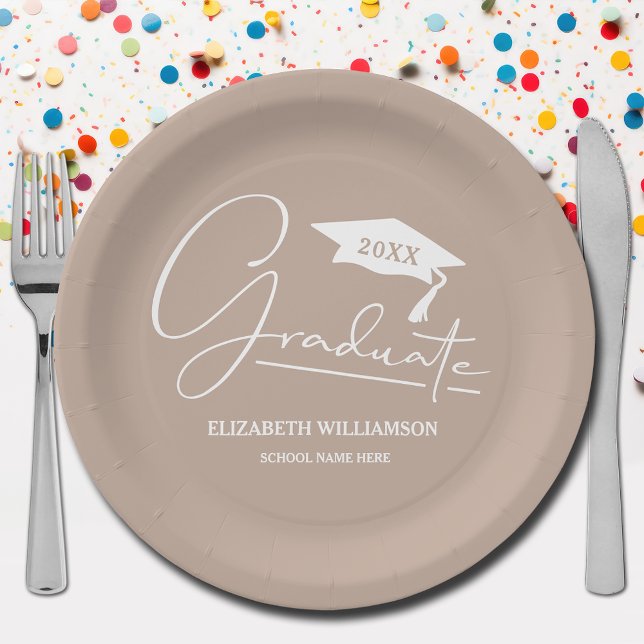 White Script Graduation Cap  Paper Plates (Your name, year, grad cap and "Graduate" in a cool script on taupe school color paper plates)