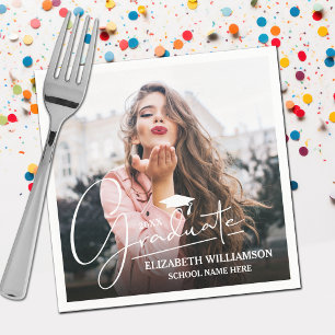 White Script Graduation Cap Photo Napkins