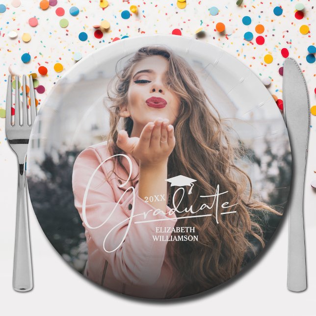 White Script Graduation Cap Photo Paper Plates (Your photo, name, class year and "Graduate" in a cool script on graduation paper plates)
