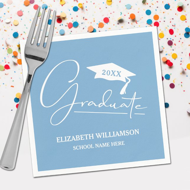 White Script Graduation Cap Powder Blue Napkins (Your name, class year and "Graduate" in a cool script on powder blue school color party napkins)