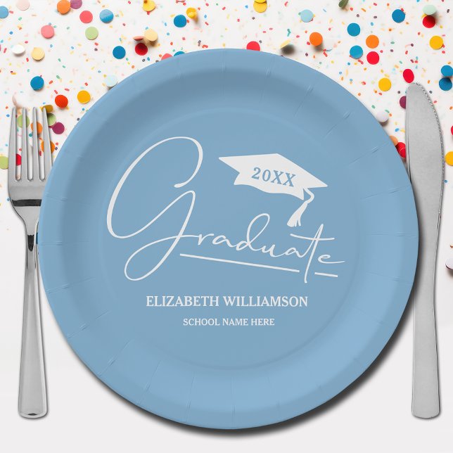 White Script Graduation Cap Powder Blue Paper Plates (Your name, year, grad cap and "Graduate" in a cool script on powder blue school color paper plates)