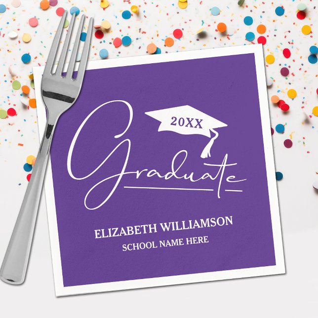 White Script Graduation Cap Purple Napkins (Your name, class year and "Graduate" in a cool script on purple school color party napkins)