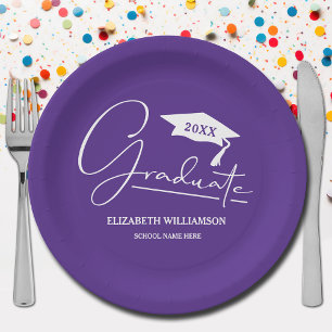 White Script Graduation Cap Purple Paper Plates