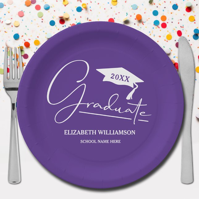White Script Graduation Cap Purple Paper Plates (Your name, year, grad cap and "Graduate" in a cool script on purple school color paper plates)