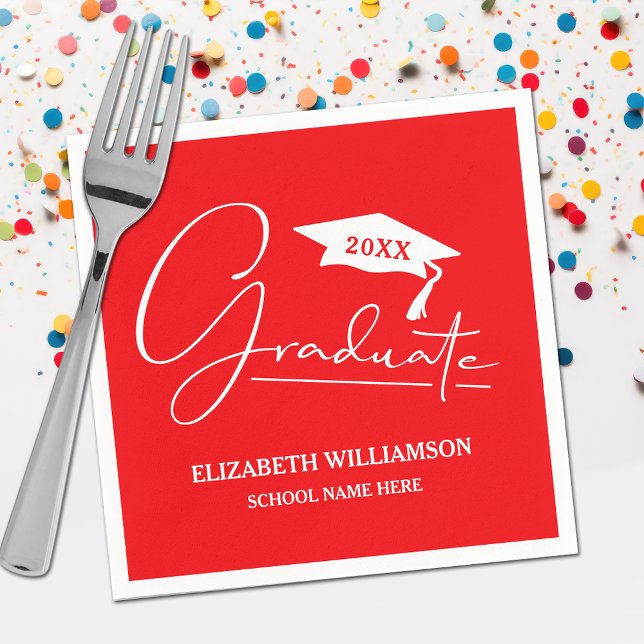 White Script Graduation Cap Red Napkins (Your name, class year and "Graduate" in a cool script on red school color party napkins)