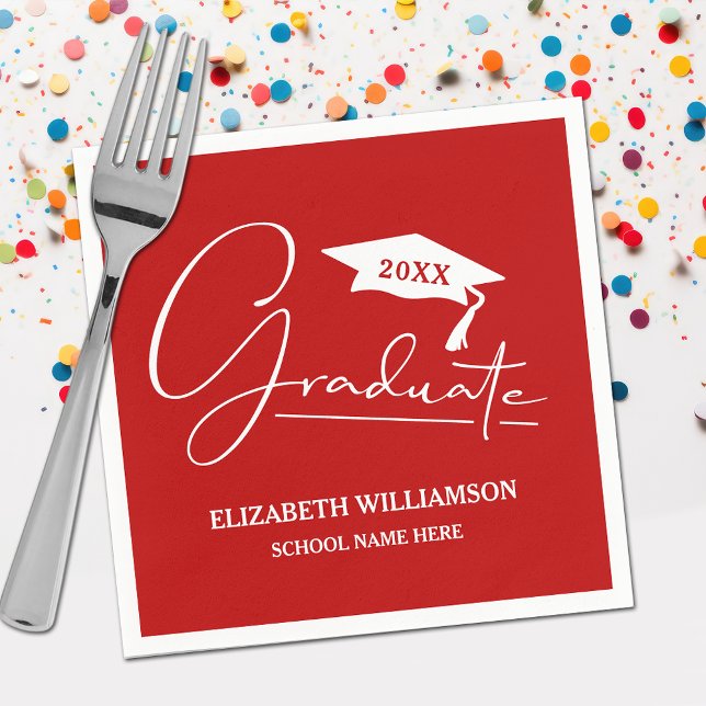 White Script Graduation Cap Scarlet Napkins (Your name, class year and "Graduate" in a cool script on scarlet red school color party napkins)