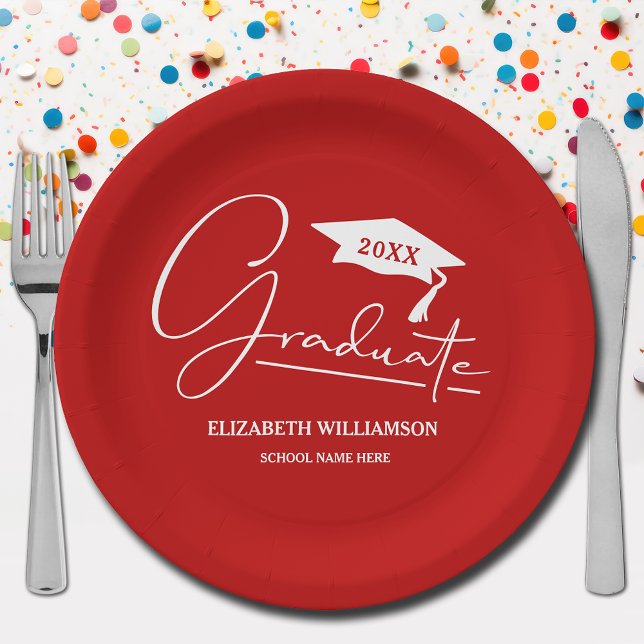 White Script Graduation Cap Scarlet Red Paper Plates (Your name, year, grad cap and "Graduate" in a cool script on scarlet red school color paper plates)