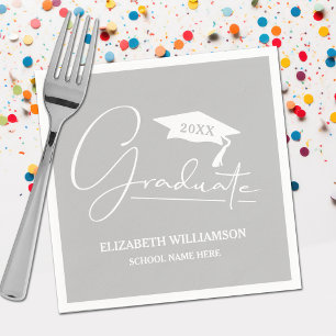 White Script Graduation Cap Silver Gray Napkins