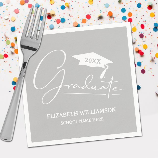 White Script Graduation Cap Silver Gray Napkins (Your name, class year and "Graduate" in a cool script on silver gray school color party napkins)
