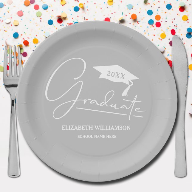 White Script Graduation Cap Silver Gray Paper Plates (Your name, year, grad cap and "Graduate" in a cool script on silver gray school color paper plates)