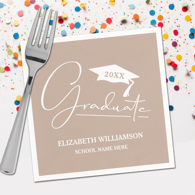 White Script Graduation Cap Taupe Napkins (Your name, class year and "Graduate" in a cool script on taupe party napkins)