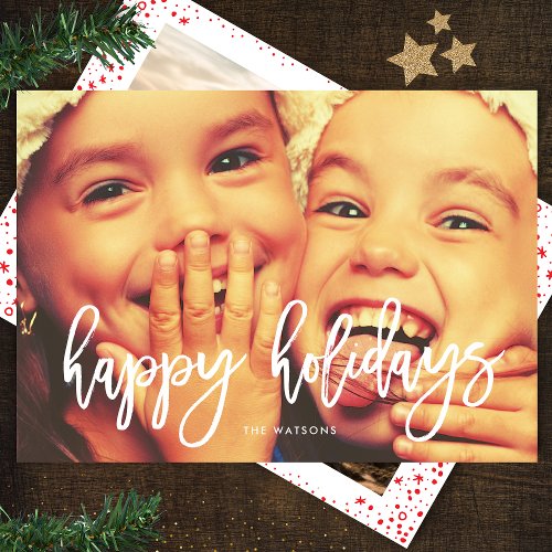 White Script Happy Holidays Christmas Photo Card