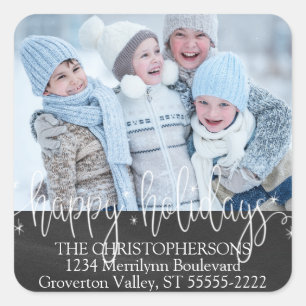 White Script HAPPY HOLIDAYS Photo Return Address Square Sticker