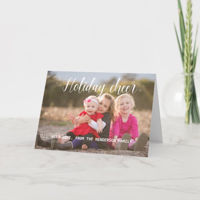 White Script Holiday Cheer Photo Greeting Card (Front)