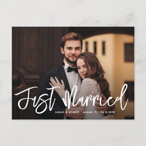 white script just married wedding announcement postcard