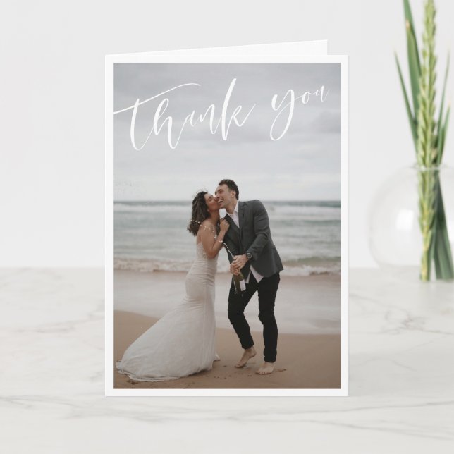 White Script Large Wedding Photo Thank You (Front)