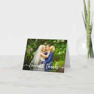 White Script Love and Thanks  Wedding Photo Note Card