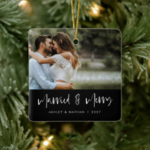 White Script Married & Merry Black Photo Ornament