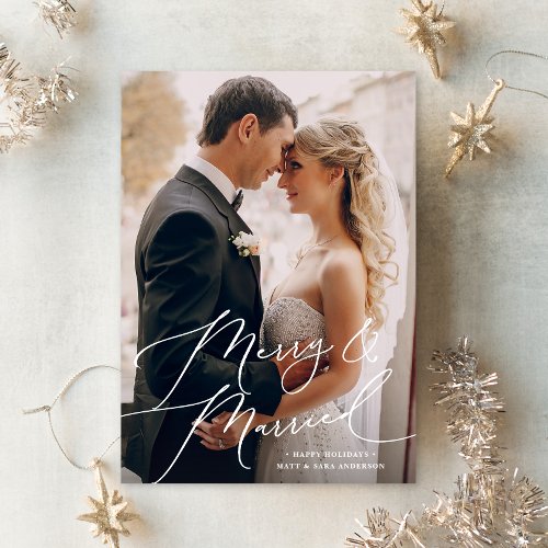 White Script Merry  Married Photo Christmas  Holiday Card