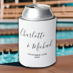 White Script Minimalist Wedding Can Cooler