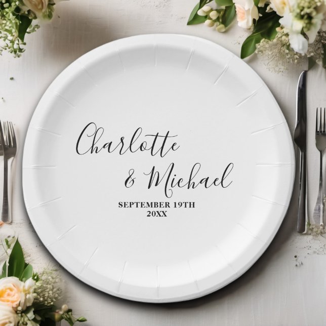 White Script Minimalist Wedding Paper Plates (Creator Uploaded)