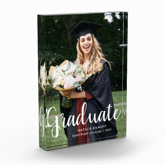 White Script Modern Graduate Graduation Photo Block (Left)