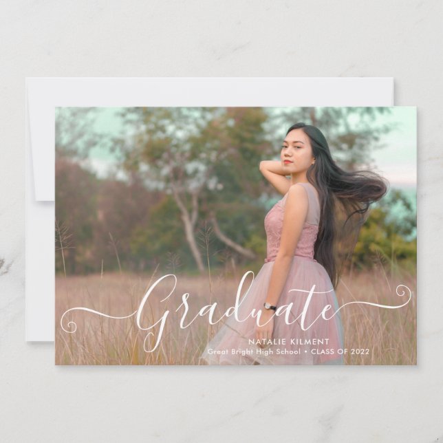 White Script Modern Graduate Photo Graduation Announcement (Front)