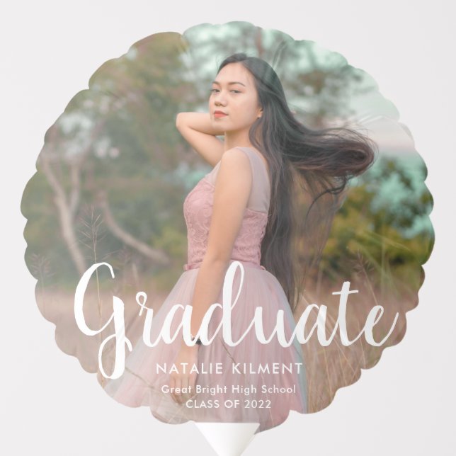 White Script Modern Graduate Photo Graduation Balloon (Front)