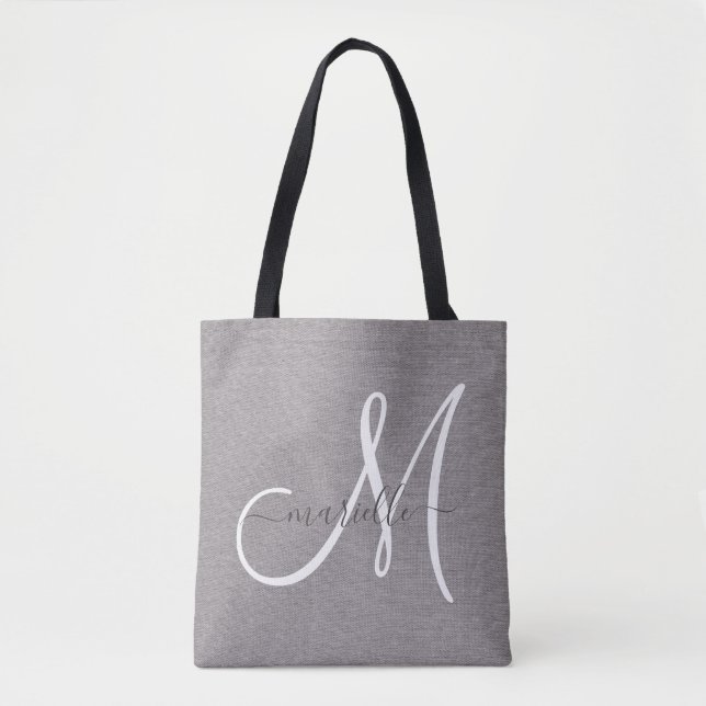 White Script Monogram Gray Linen  Tote Bag (Front)