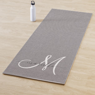White Script Monogram Gray Linen Yoga Mat
