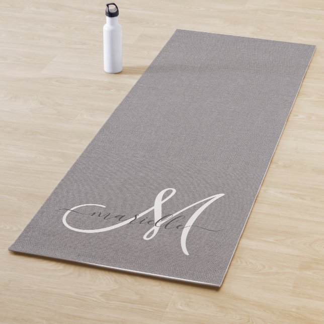 White Script Monogram Gray Linen  Yoga Mat (In Situ)