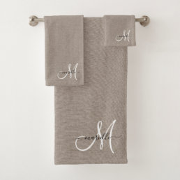 White Script Monogram Taupe Faux Linen  Bath Towel Set