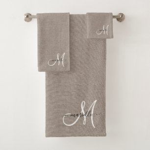 White Script Monogram Taupe Faux Linen  Bath Towel Set