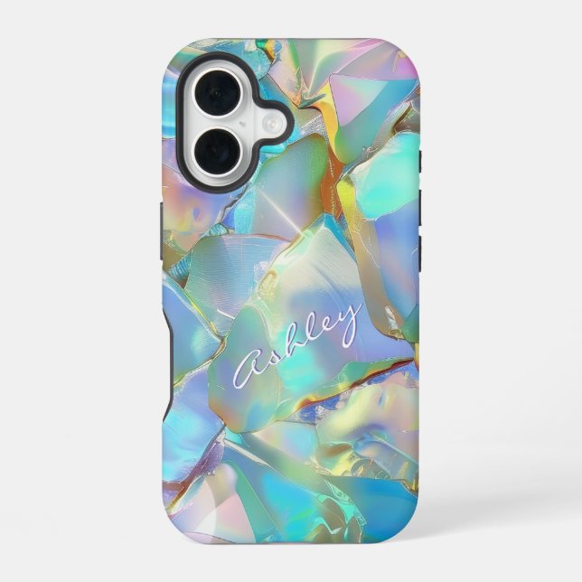 White Script Name on Opal Background iPhone Case (Back)