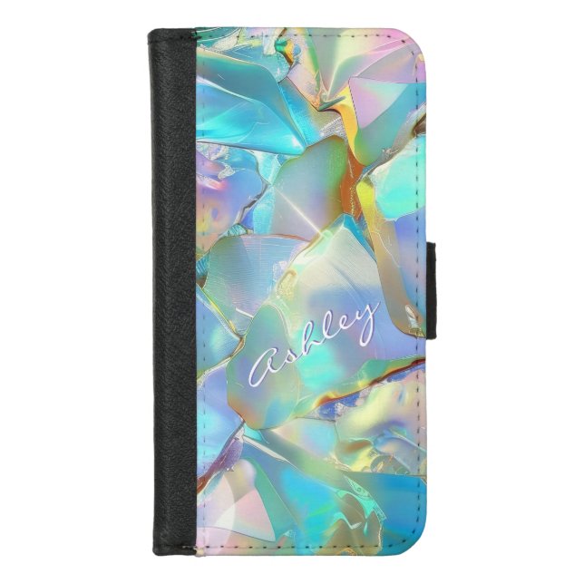 White Script Name on Opal Background iPhone Wallet Case (Front)