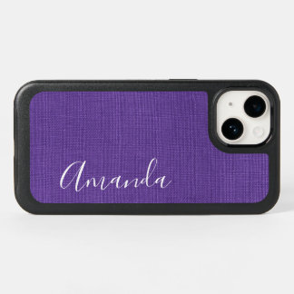 White Script Name on Purple Linen Texture Photo OtterBox iPhone 14 Case