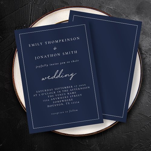 White Script Navy Blue Text Lone Border Wedding  Invitation